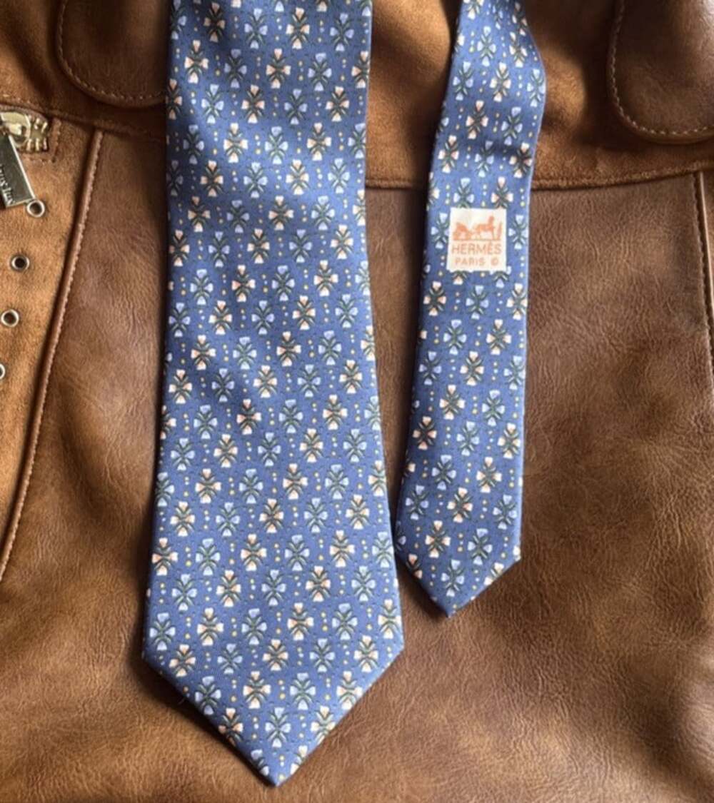 Hermes 100% Silk Tie 7798 FA Medium Blue Orange White Blue Floral 57" x 3.5"